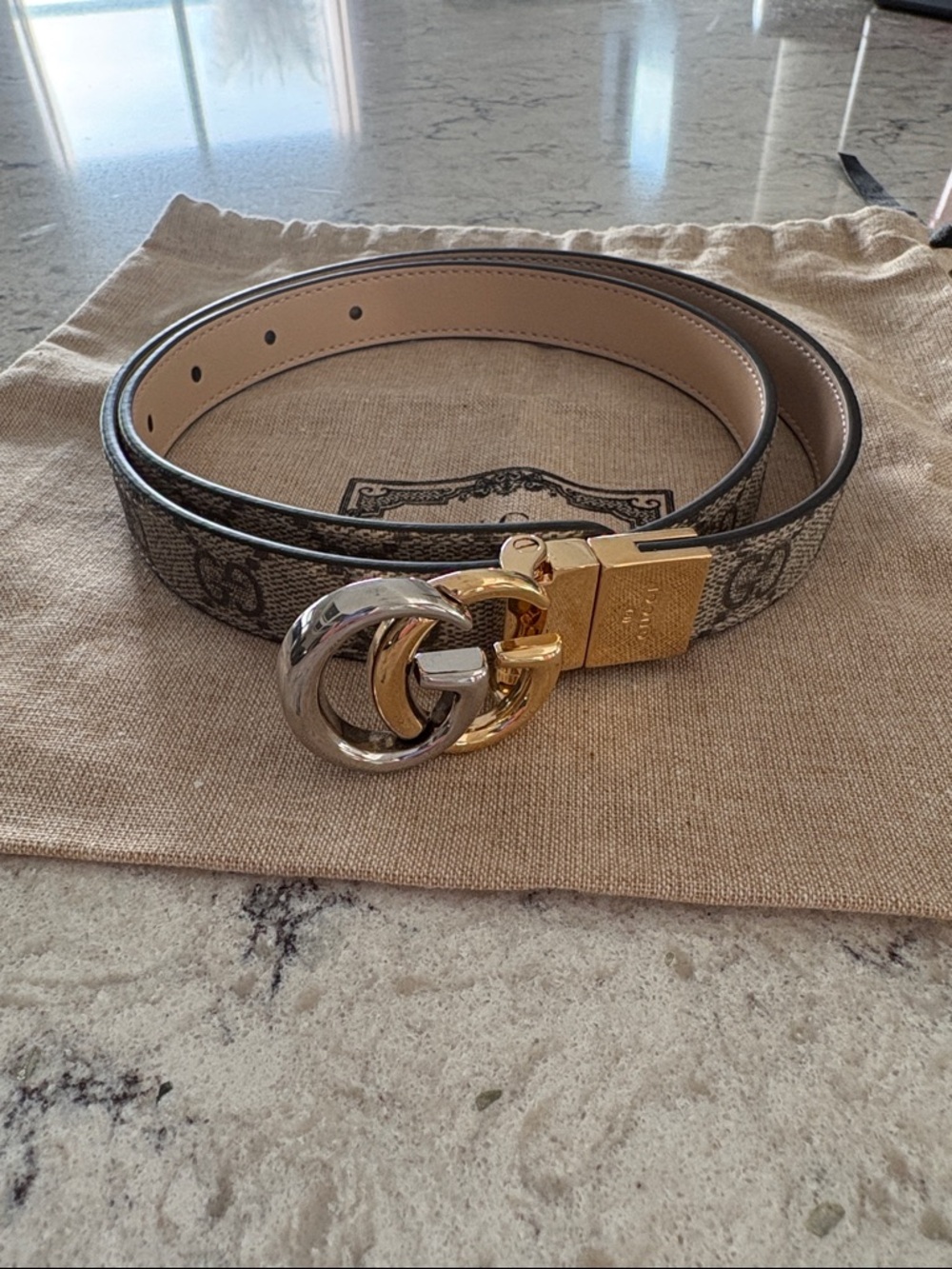 Gucci Beige Signature GG Canvas Belt with Gold & Silver Interlocking G Buckle